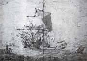 Monamy, Peter A two-decker man-o-war shortening sail seen from the port bow other craft lightly pencilled in the background china oil painting artist